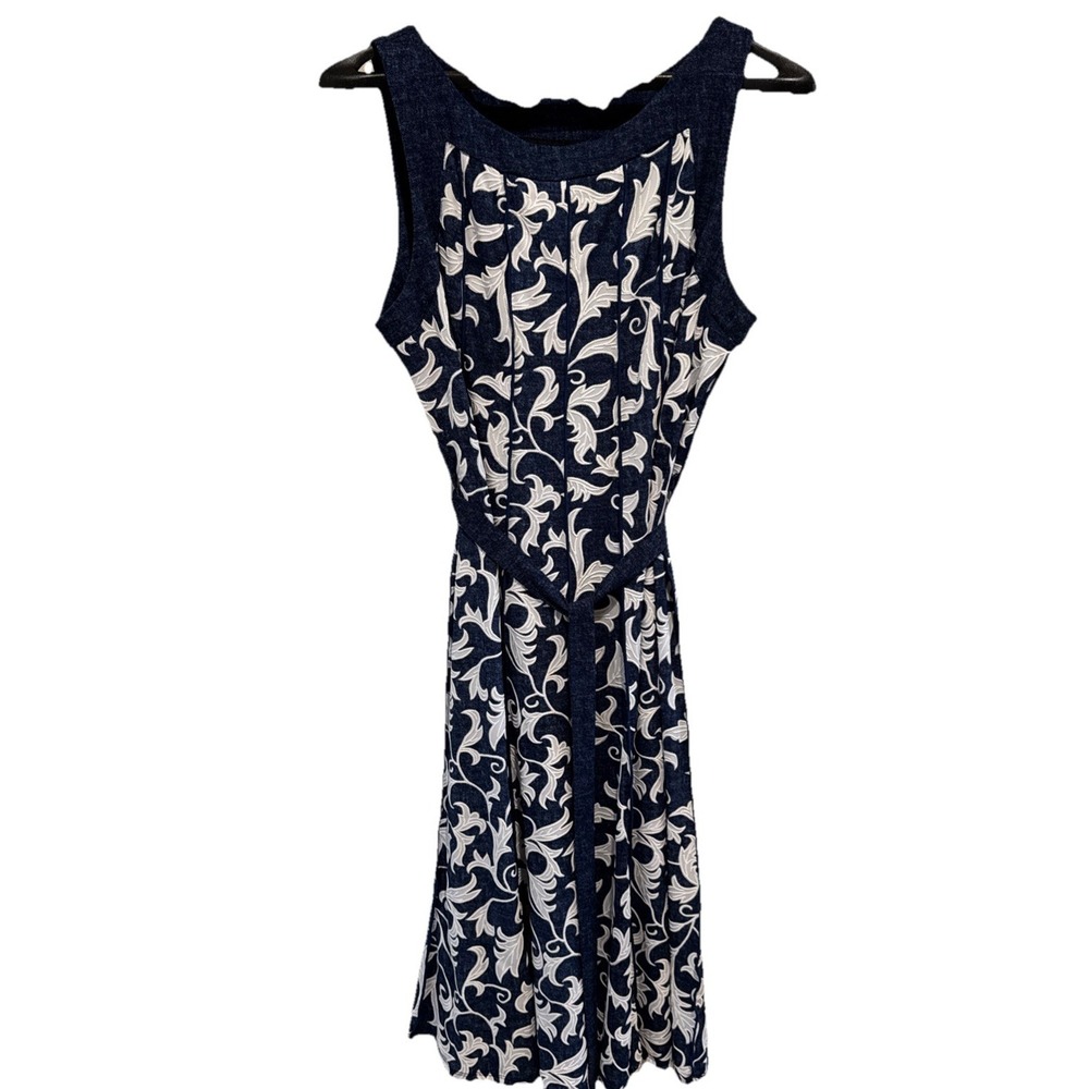 NAVY & WHITE‎ FLORAL PAISLEY EMBROIDERED SLEEVELESS DRESS - NWT  Size Petite L